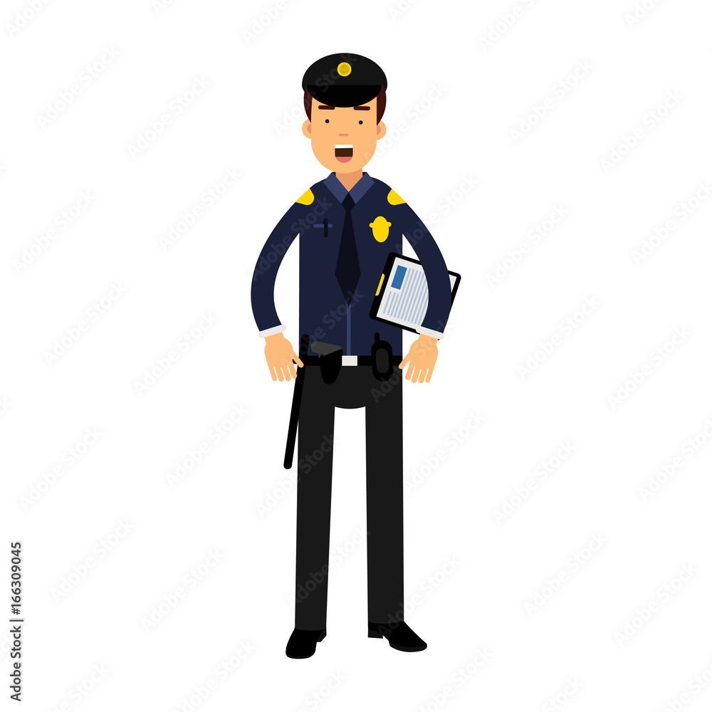 Police officer character in a blue uniform holding clipboard vector Illustration