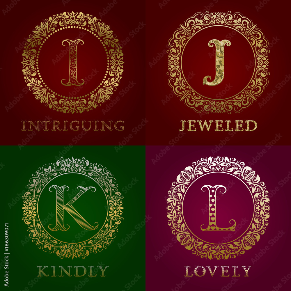 Golden templates for intriguing, jeweled, kindly, lovely logos. Vector monograms set. Golden templates for intriguing, jeweled, kindly, lovely logos. Vector monograms set.