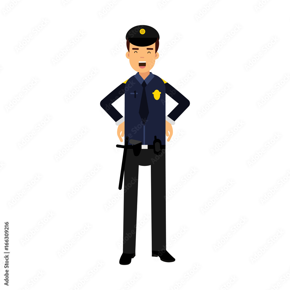 Police officer character in a blue uniform at work vector Illustration