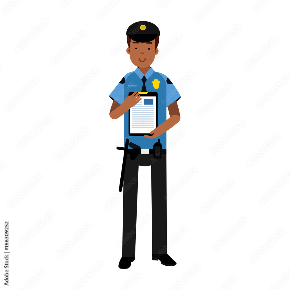 Policeman character in a blue uniform holding clipboard with form for police report vector Illustration