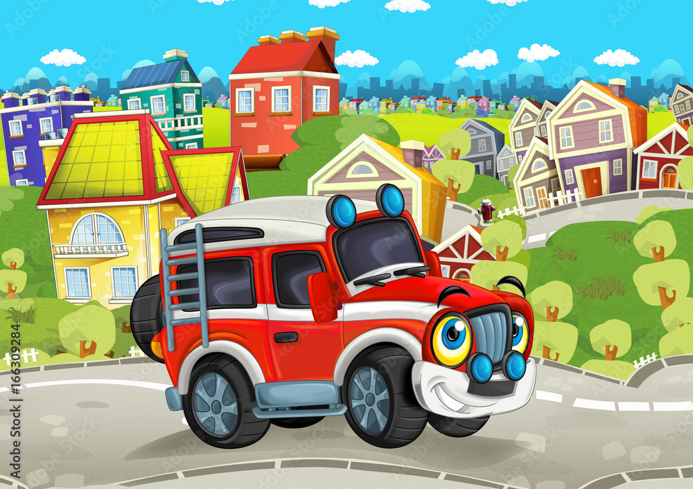 Fototapeta kreskówka śmiesznie wyglądający samochód terenowy jadący przez miasto i uśmiechnięty - ilustracja dla dzieci