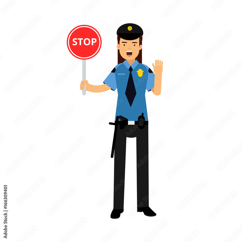 Policewoman character in a blue uniform showing Stop road sign vector Illustration Policewoman character in a blue uniform showing Stop road sign vector Illustration