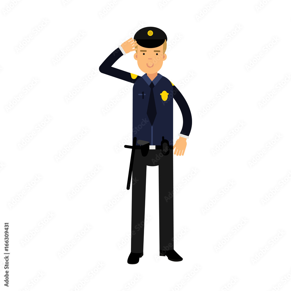 Police officer in a blue uniform standing at attention saluting, colorful character vector Illustration