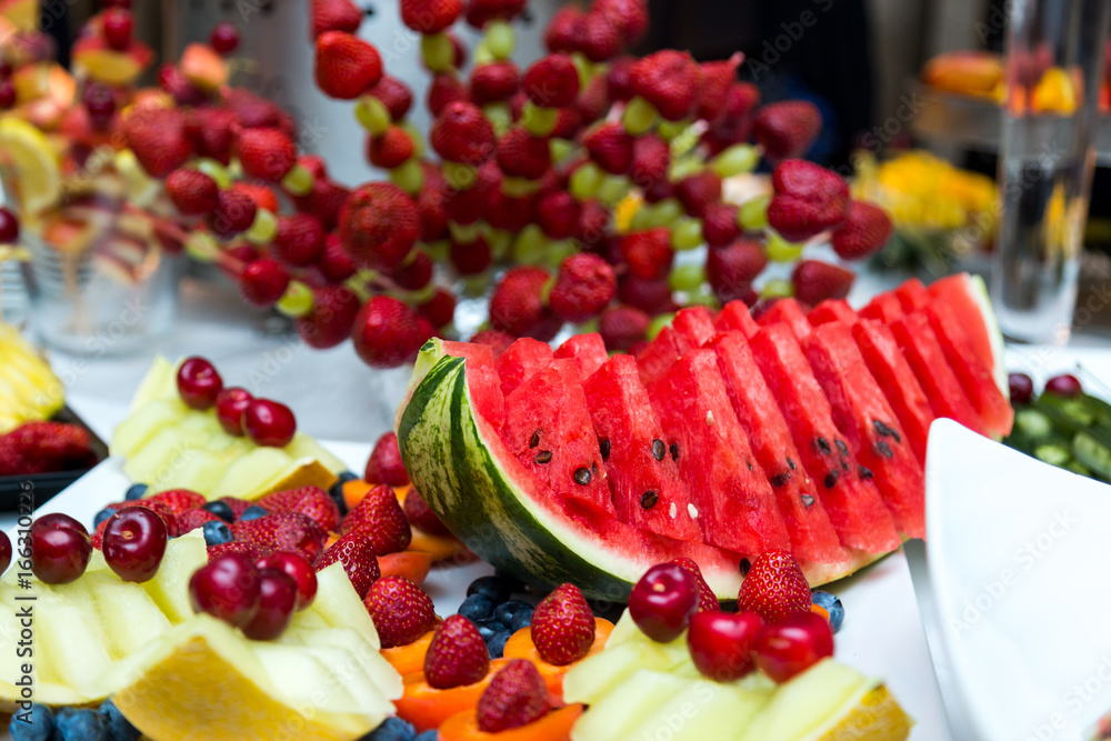 close up Heap of fresh fruits and vegetables on wedding table