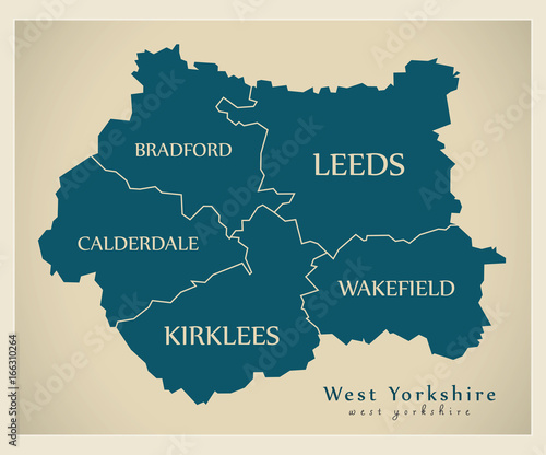 Modern Map - West Yorkshire metropolitan county with distirct captions England UK