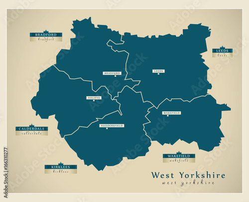 Modern Map - West Yorkshire metropolitan county with district labels England UK