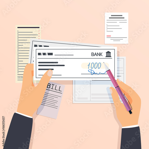 Payments and financial operations. signing bank check. Flat design modern vector illustration concept.