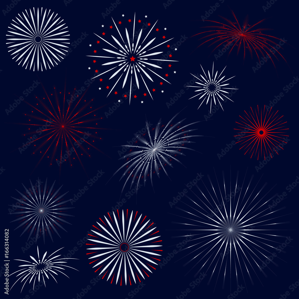 Naklejka premium Fireworks isolated vector set on dark blue background