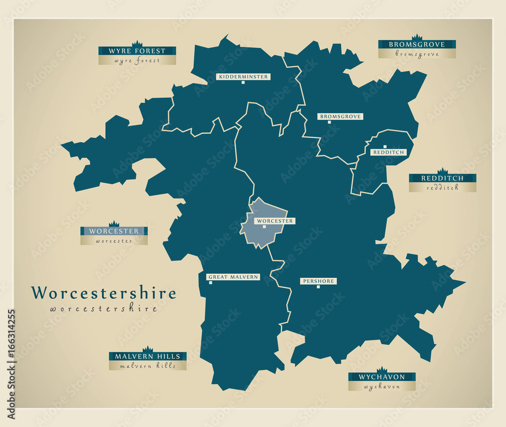 Modern Map - Worcestershire county with district labels England UK illustration