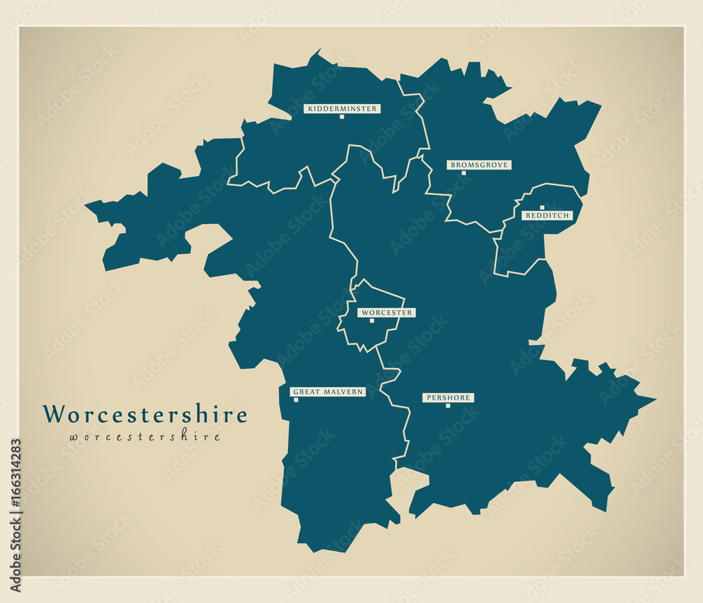 Modern Map - Worcestershire county with cities and districts England UK illustration