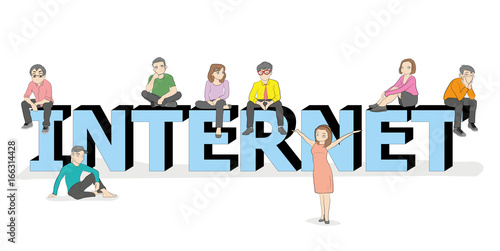 Little people near the word internet. Concept of youth communication. vector illustration.