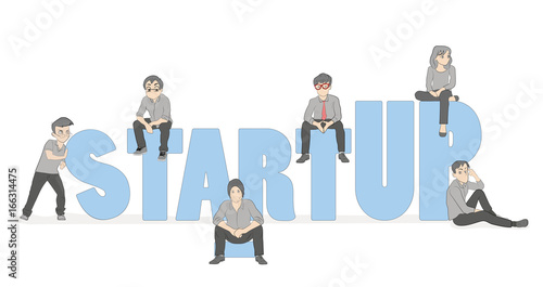 Cartoon working little people with word StartUp. Doodle cute miniature scene of workers . Hand drawn cartoon vector illustration for business design.