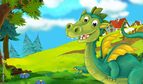 Cartoon background of a dragon near the village - illustration for the children