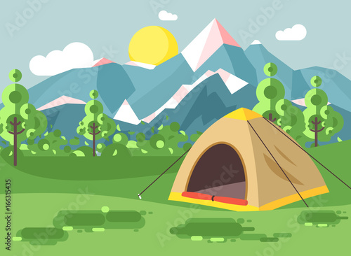 Vector illustration cartoon nature national park landscape with lonely tent camping hiking rules of survival bushes  lawn  trees  daytime sunny day  outdoor background of mountains in flat style