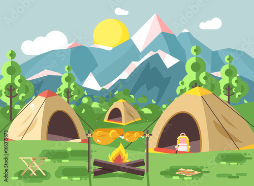 Vector illustration nature national park landscape three tents bonfire, chicken fried sandwiches, snack, food, backpack, camping hiking daytime sunny day, outdoor background mountains flat style