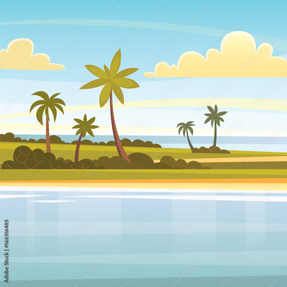 Summer tropical background with palms, sky and sunset. beach landscape