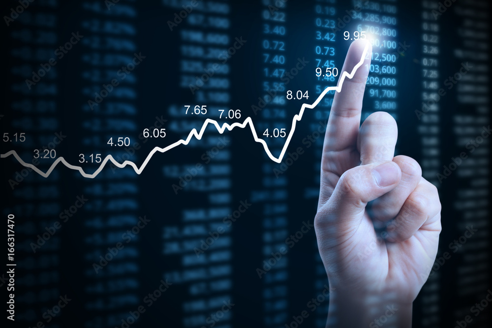 businessman with financial chart symbols coming from hand businessman with financial chart symbols coming from hand