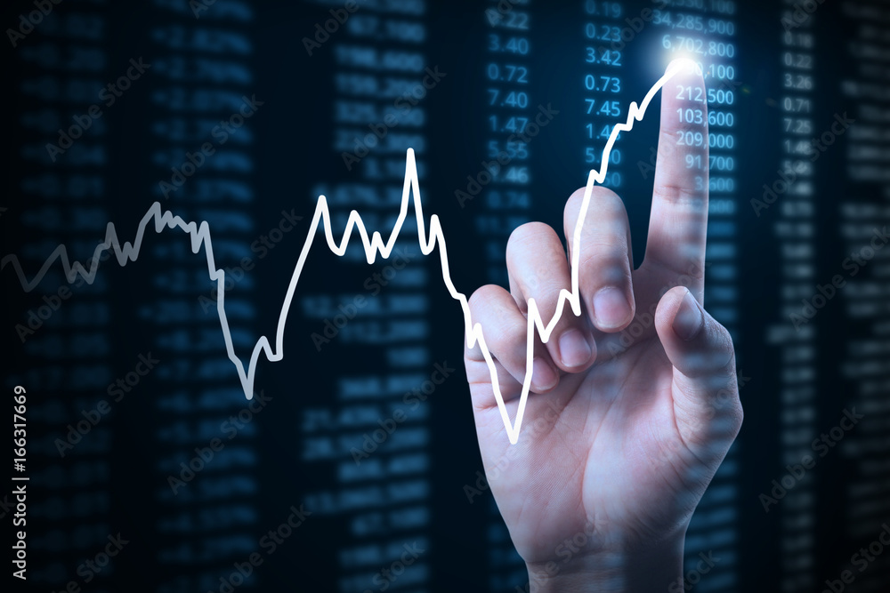 businessman with financial chart symbols coming from hand businessman with financial chart symbols coming from hand