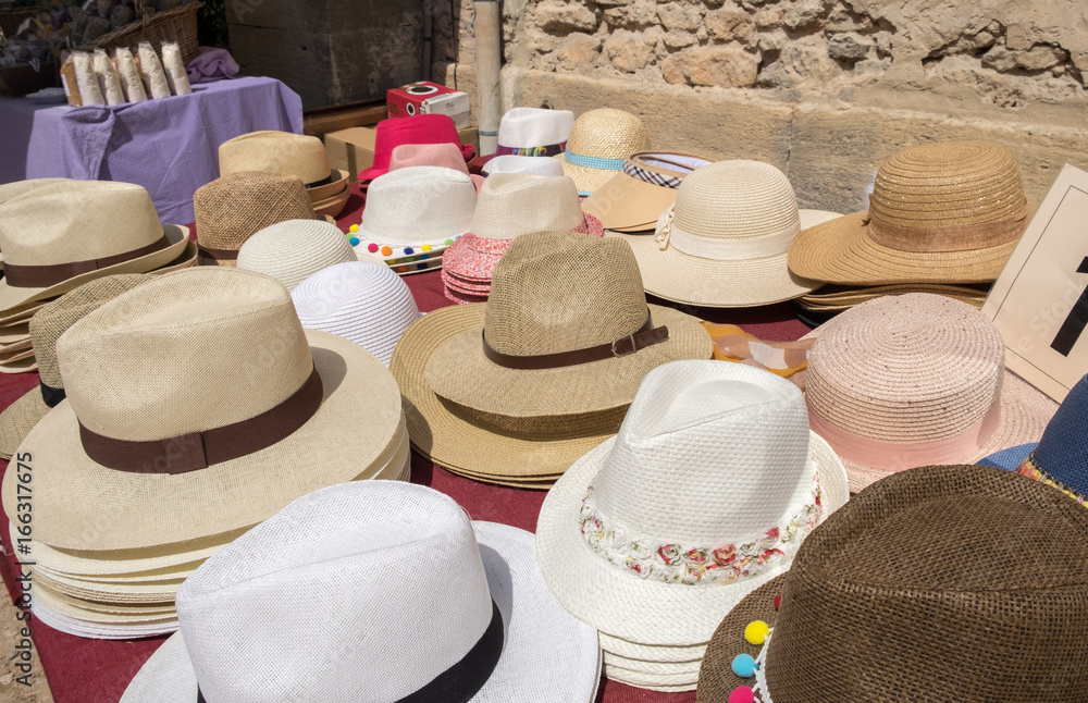 Hats collection for sale at local street market. Provence. France