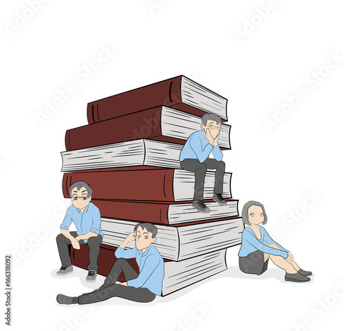 Little people are sitting on books. vector illustration.