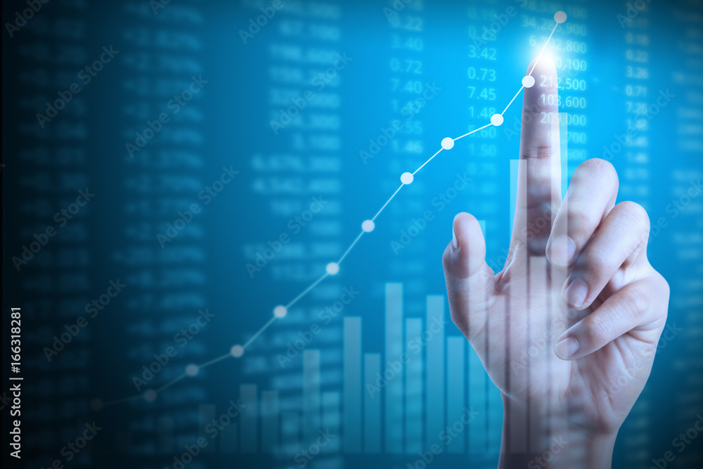 businessman with financial chart symbols coming from hand businessman with financial chart symbols coming from hand