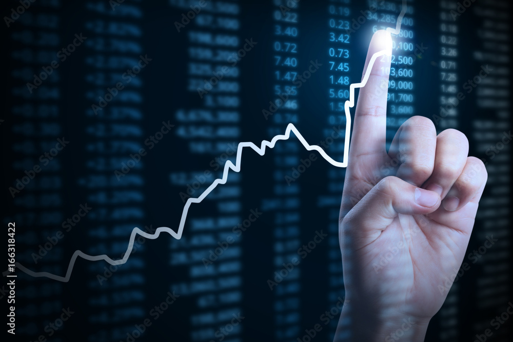 businessman with financial chart symbols coming from hand businessman with financial chart symbols coming from hand