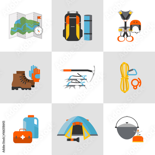 Icon set flat design of modern of climbing and equipment for outdoor. Equipment for mountaineering and items for traveling and recreation. For web sites, applications and printing. Vector illustration