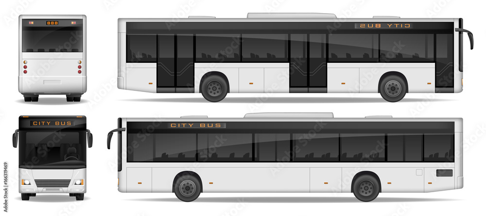 Obraz premium Realistic City Bus template isolated on white background. Passenger City Bus mockup side, front and rear view. Transport advertising design. Vector illustration.