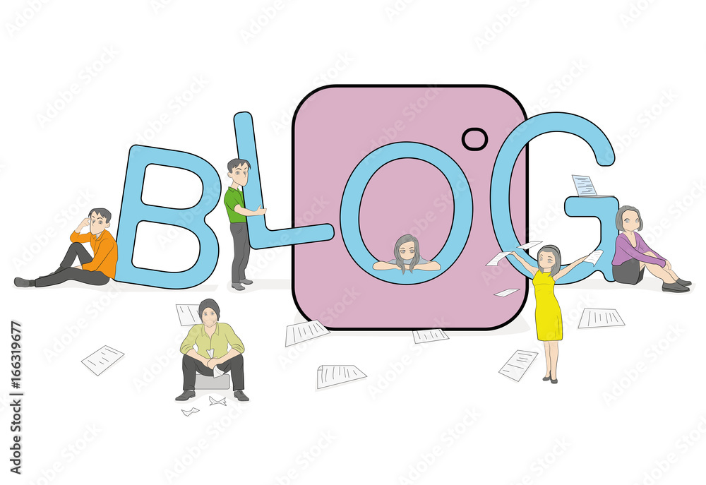 A team of young people works near the big word BLOG. The concept of communication and discussion of various topics. vector illustration. A team of young people works near the big word BLOG. The concept of communication and discussion of various topics. vector illustration.