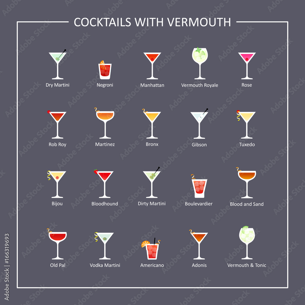 Cocktails with vermouth guide, flat icons on dark background. Vector - obrazy, fototapety, plakaty 