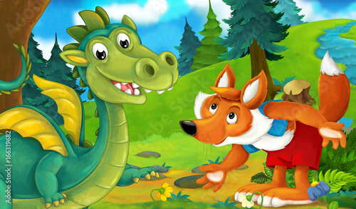 cartoon background of a dragon in the forest talking to wolf - illustration for children