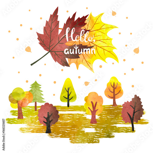 Watercolor autumn forest po...