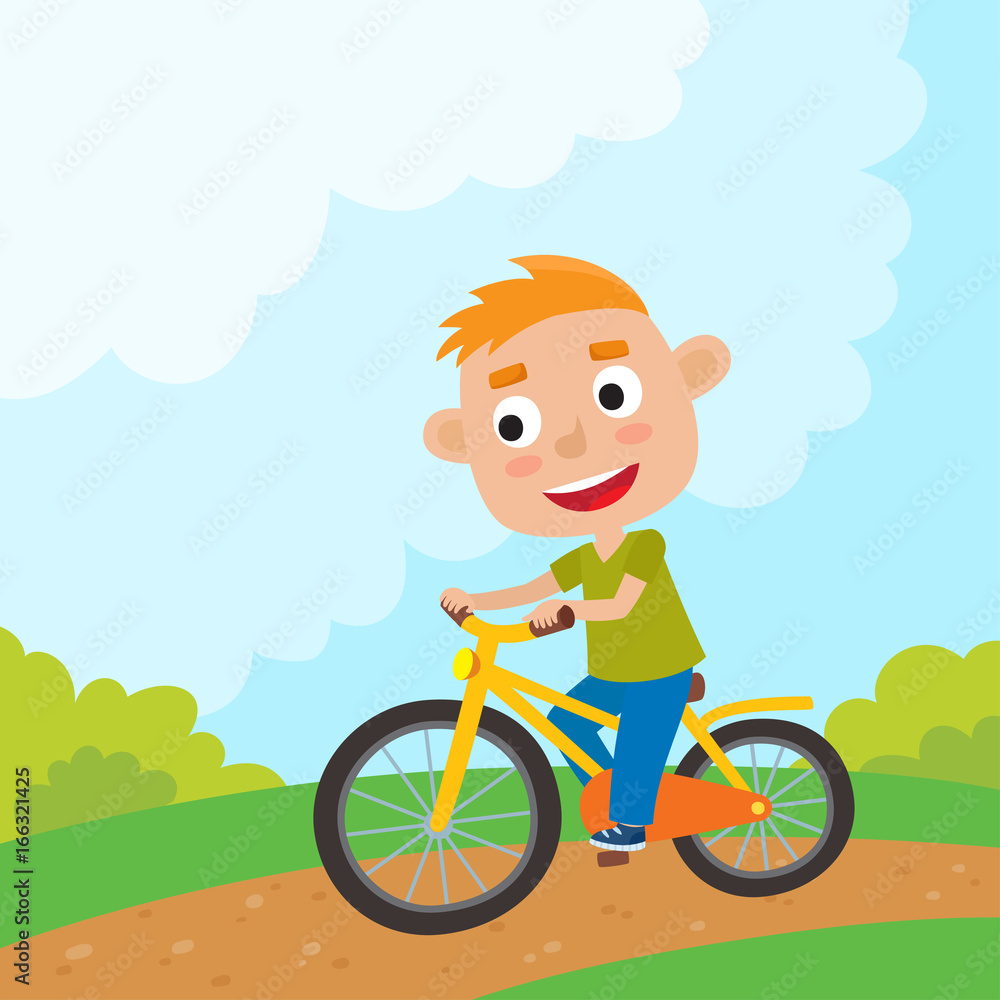 Cartoon boy riding a bike having fun riding bicycles in park. Ha