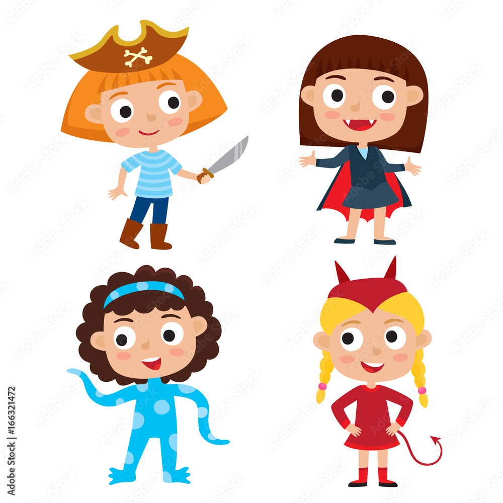 Vector set of cute cartoon children in colorful halloween costumes: pirate, devil, alien, vampire isolated on white 