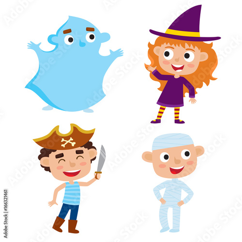 Vector set of cute cartoon children in colorful halloween costumes: witch, pirate, mummy, ghost isolated on white 