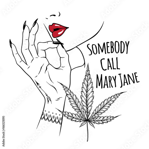 Hand drawn young woman holding fingers in smoking gesture isolated on white background. Flash tattoo or print design cannabis vector illustration