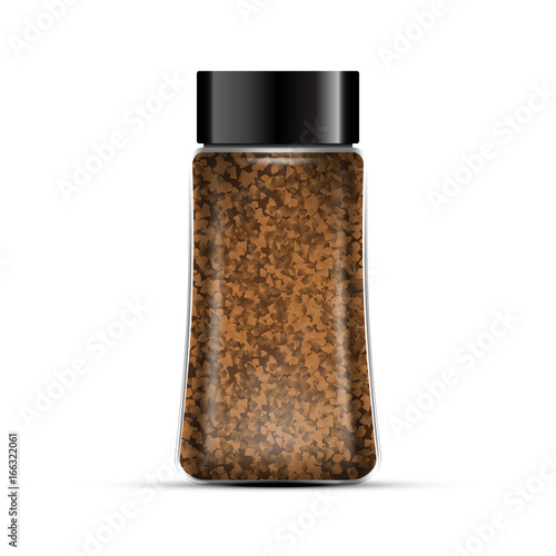 Instant coffee package template. Transparent glass bottle. Isolated on white