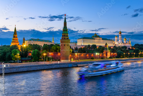 Moscow Kremlin, Kremlin Embankment and Moscow River at night in Moscow, Russia. Architecture and landmark of Moscow