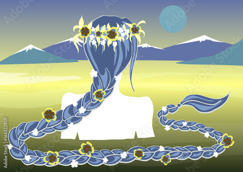 Water Maiden with a long braid and water lilies on a background of the river landscape with mountains and the moon.