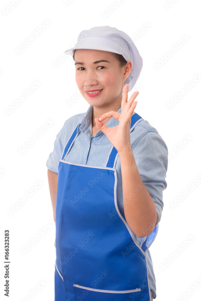 happy, smiling, positive female chef, Housewife, showing ok hand sign for perfection happy, smiling, positive female chef, Housewife, showing ok hand sign for perfection