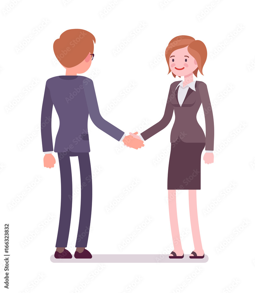 Business male and female partners handshaking Business male and female partners handshaking