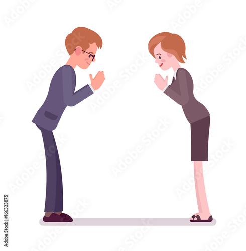 Business male and female partners giving a bow