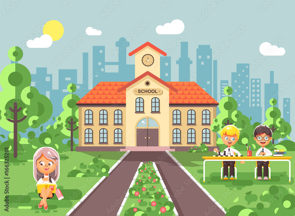 Vector illustration back to school character schoolgirl schoolboy pupil sitting on grass, exterior schoolyard, girl reads book doing homework, boys play chess gymnasium background in flat style