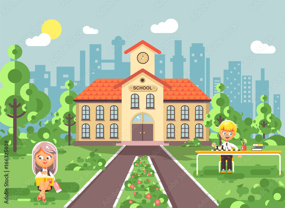 Vector illustration back to school character schoolgirl schoolboy pupil sitting on grass near trees bushes exterior schoolyard read book doing homework play chess gymnasium background flat style