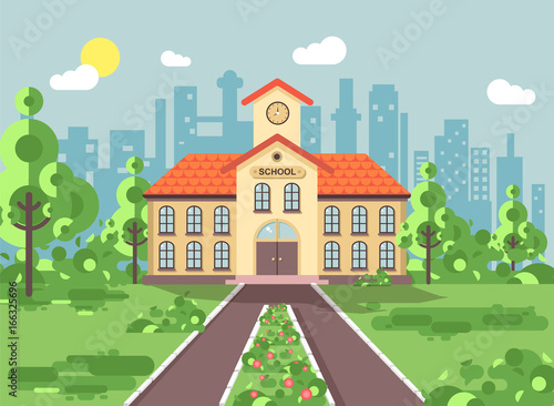 Vector illustration back to school architecture two-story building with porch, clock on tower, trees bushes exterior schoolyard behind structure background in flat style for video design element