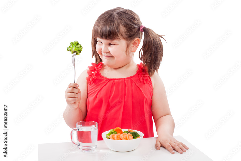 Girl prefers healthy food, sits at the table near the plate with vegetables. Child with broccoli isolated on white background Girl prefers healthy food, sits at the table near the plate with vegetables. Child with broccoli isolated on white background