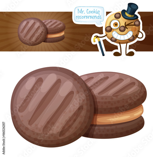Chocolate cookie with peanut butter filling illustration. Cartoon vector icon isolated on white background. Series of food and drink and ingredients for cooking.
