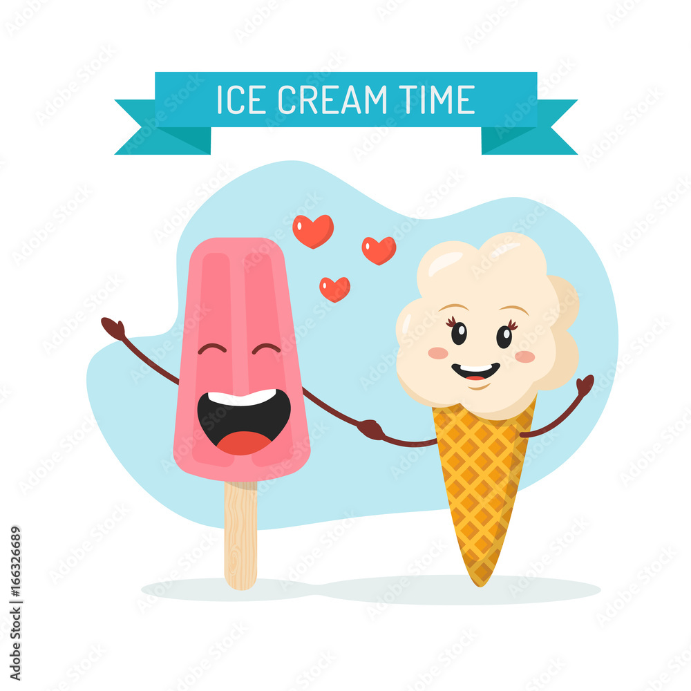 Ice cream and ice lolly in love. Ice cream time. Vector ice cream