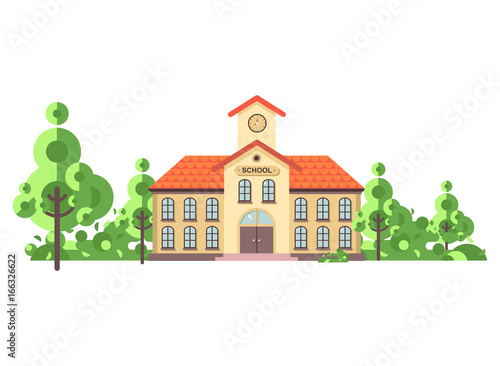 Vector illustration isolated back to school architecture two-story building with porch, clock on tower, trees bushes exterior behind structure white background in flat style video design element