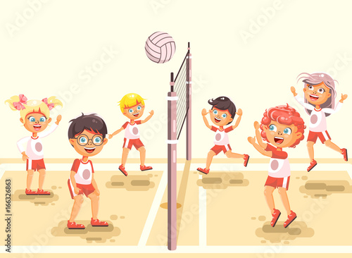 Vector illustration back to sport school children character schoolgirl schoolboy pupil classmates team game playing volleyball ball at physical education class sandy beach background flat style